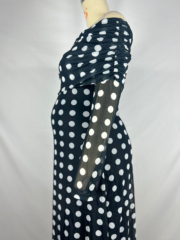 fotobeyou Black And White Polka Dot Off Shoulder Ruched Bodycon Elegant Going Out Cocktail Maternity Photoshoot Maxi Dress