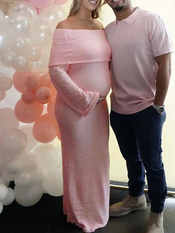 fotobeyou Pink Off Shoulder Knitwear Elegant Maternity Baby Shower Maxi Dress