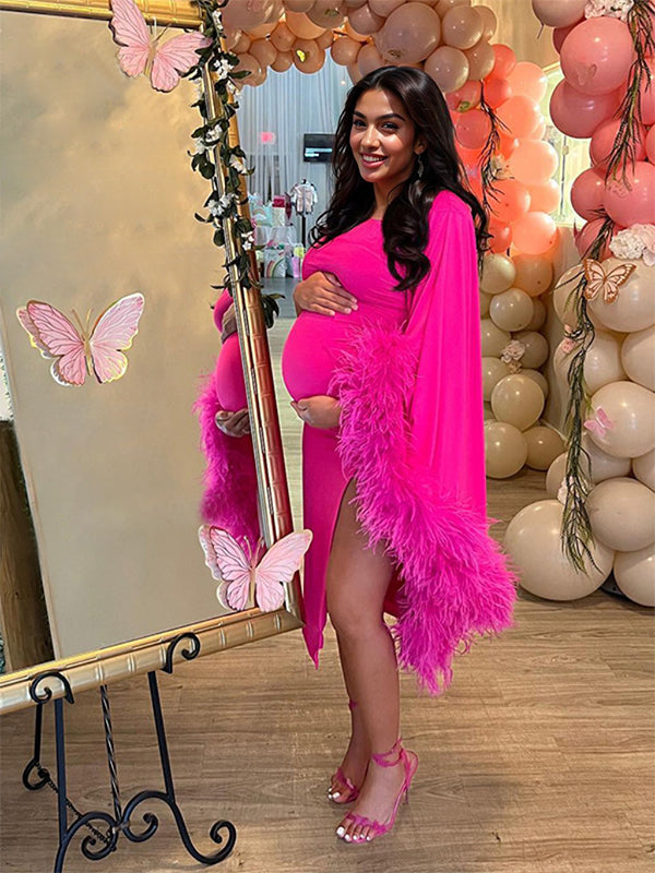 fotobeyou One Shoulder Feather Splicing Side Slit Bodycon Evening Maternity Baby Shower Midi Dress