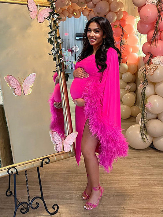 fotobeyou One Shoulder Feather Splicing Side Slit Bodycon Evening Maternity Baby Shower Midi Dress