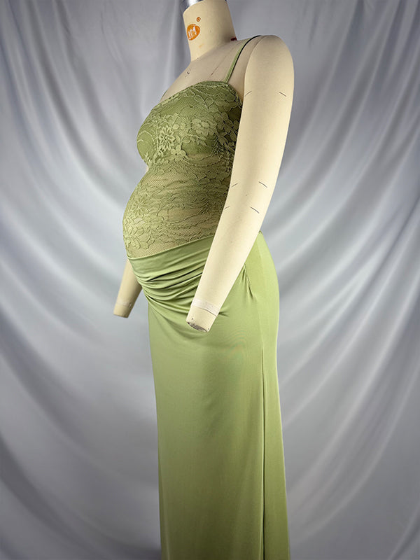 Green Lace Ruched Cami Elegant Maternity Photoshoot Maxi Dress