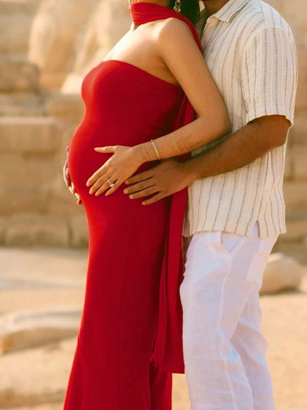 fotobeyou Red Strapless Scarf Mermaid Elegant Maternity Photoshoot Maxi Dress