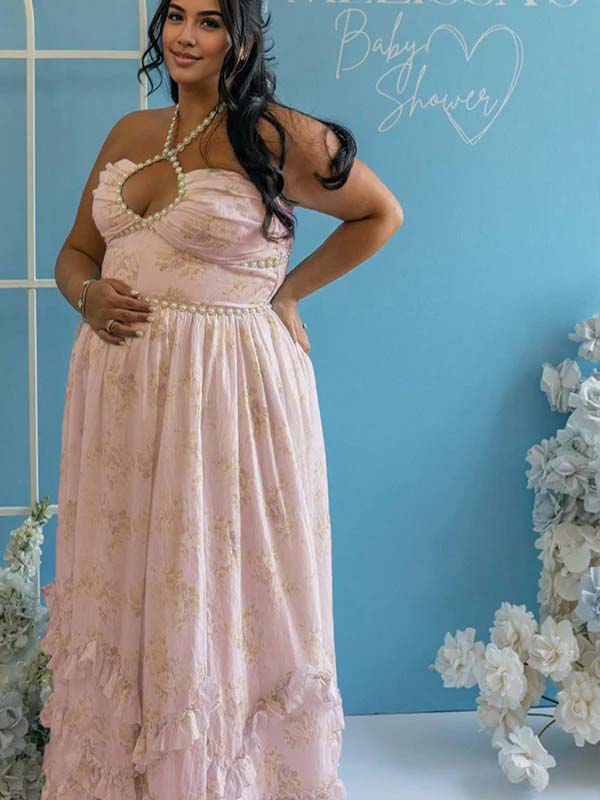 fotobeyou Pink Floral Ruffle Falbala Pearls Side Slit Elegant Maternity Baby Shower Maxi Dress
