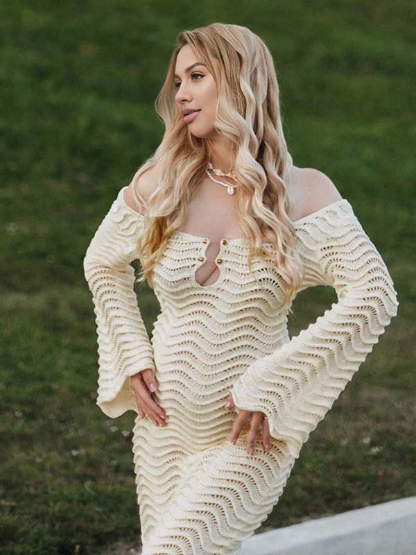 Off Shoulder Crochet Ruffle Cut Out Backless Maternity Maxi Dress