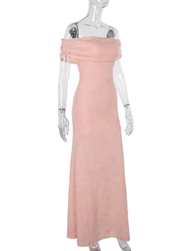 fotobeyou Pink Jacquard Textured Ruched Off Shoulder Mermaid Elegant Maternity Photoshoot Maxi Dress