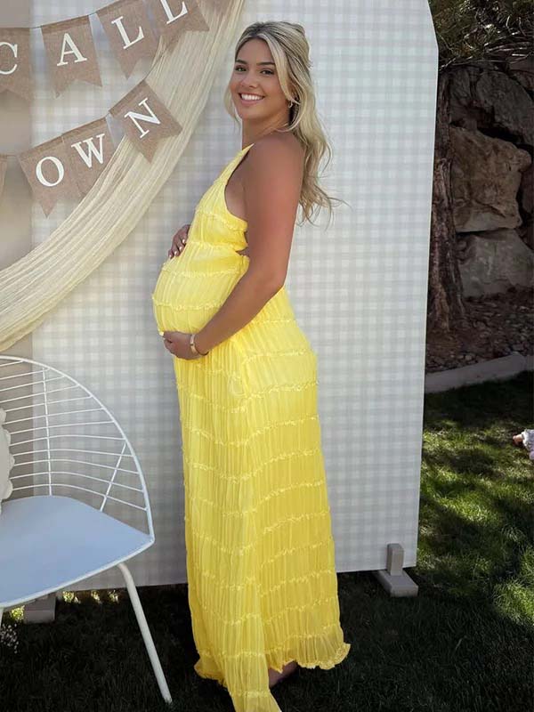 fotobeyou Layered Ruffle Falbala Backless Cami Elegant Maternity Baby Shower Maxi Dress