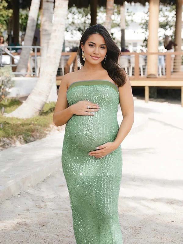 fotobeyou Green Sequin Strapless Elegant Maternity Photoshoot Maxi Dress
