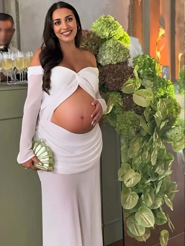 Chiffon Off Shoulder Crop Ruched Chic Maternity Maxi Dress