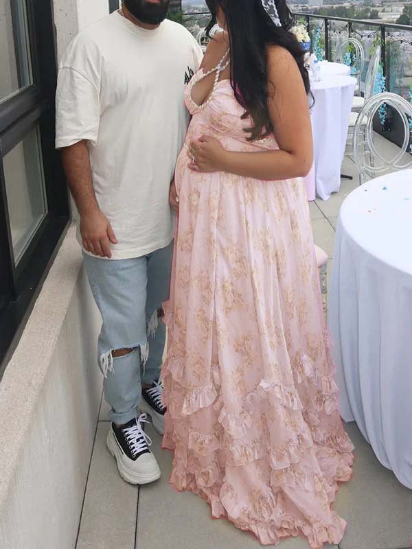 fotobeyou Pink Floral Ruffle Falbala Pearls Side Slit Elegant Maternity Baby Shower Maxi Dress