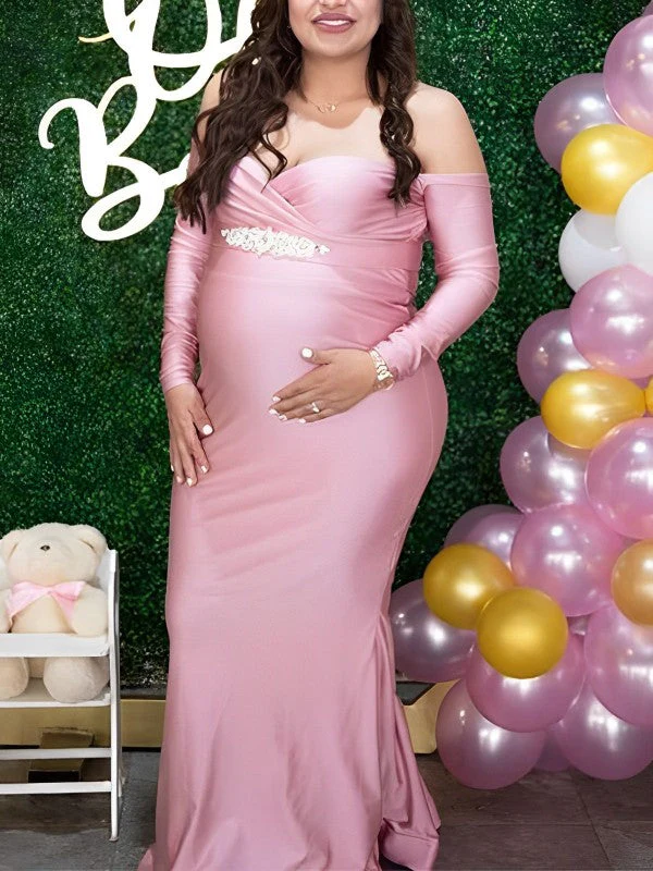 fotobeyou Pink Off Shoulder Long Sleeve High Split Bodycon Baby Shower Party Gown Pregnancy Maternity Maxi Dress