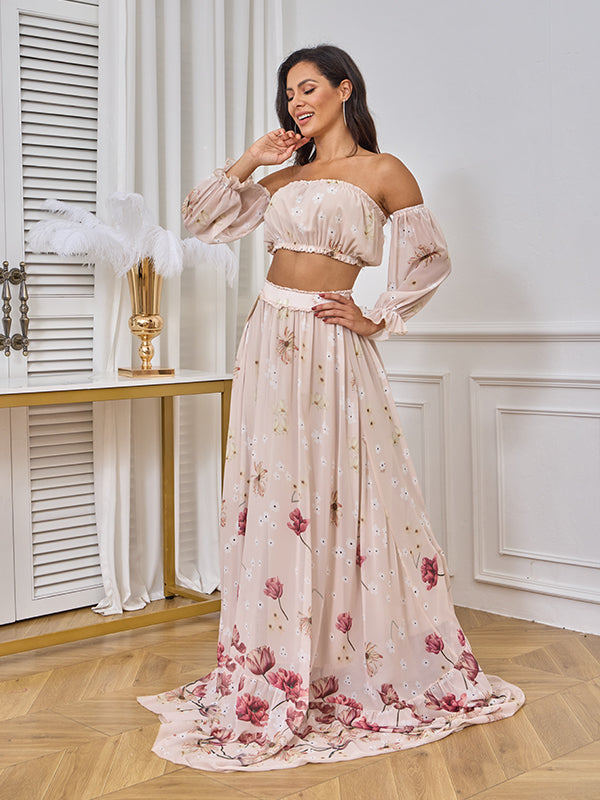 fotobeyou Two Piece Boho Flower Printing Off Shoulder Chiffon Crop Bandeau Photoshoot Maternity Maxi Dress