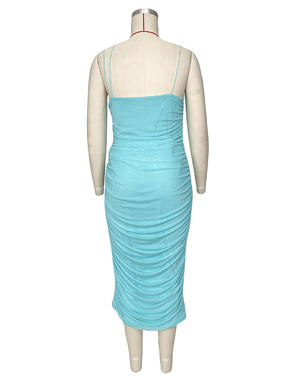fotobeyou Spaghetti Strap Mesh Ruched Bodycon Babyshower Maternity Midi Dress