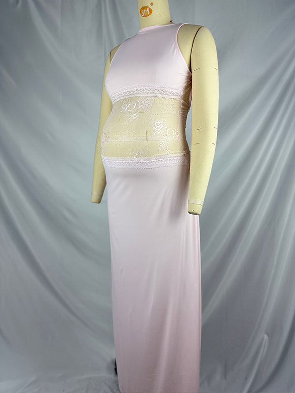 fotobeyou Lace Patchwork Backless Elegant Maternity Baby Shower Maxi Dress
