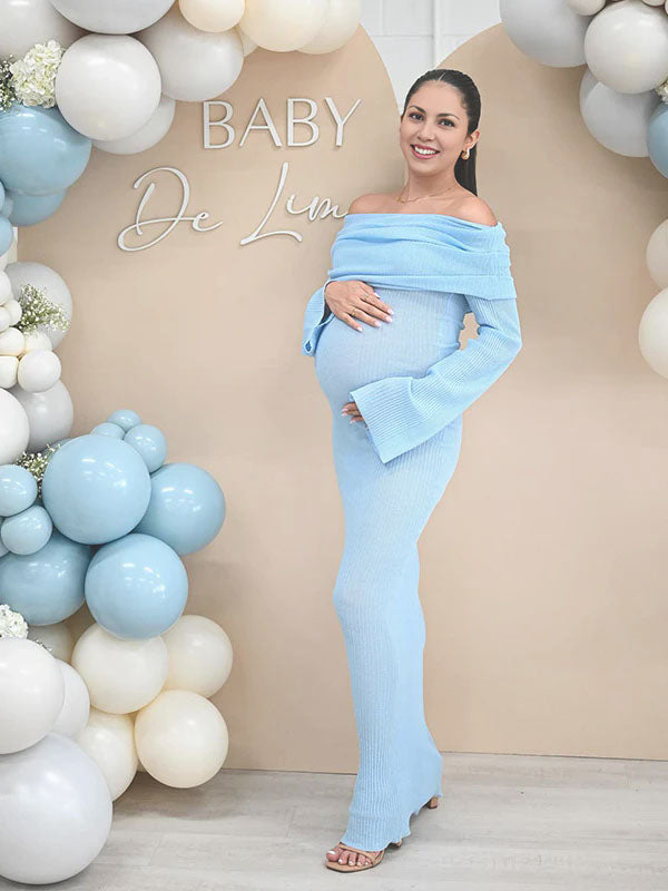 fotobeyou Blue Knit Ruched Off Shoulder Flare Sleeve Bodycon Elegant Cocktail Party Gown Maternity Photoshoot Baby Shower Maxi Dress