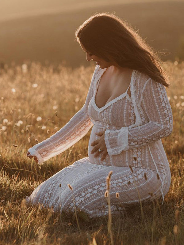 fotobeyou Ivory Lace Two Piece Set Side Slit V-neck Cami Maxi Dress And Crop Cardigan Elegant Going Out Maternity Photoshoot Baby Shower Maxi Dress
