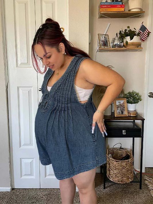 fotobeyou Dark Blue Bow Pockets Draped Denim Daily Going Out Maternity Jumpsuit
