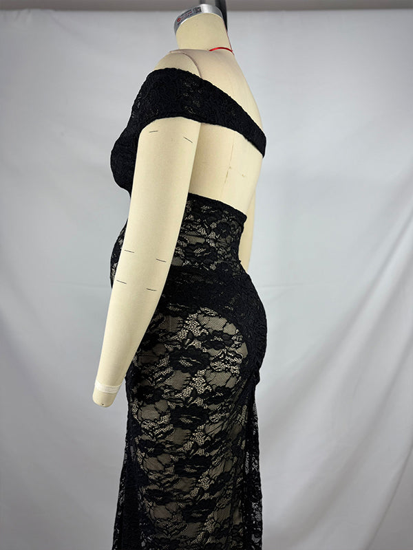fotobeyou Lace Off Shoulder Backless Bodysuit And Ruched Bodycon Skirt Two Piece Set Elegant Sheer Maternity Photoshoot Maxi Dress