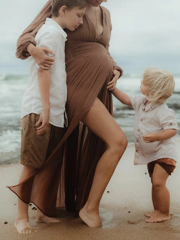 fotobeyou Slit Deep V-neck Lantern Sleeve Elegant Photoshoot Maternity Maxi Dress