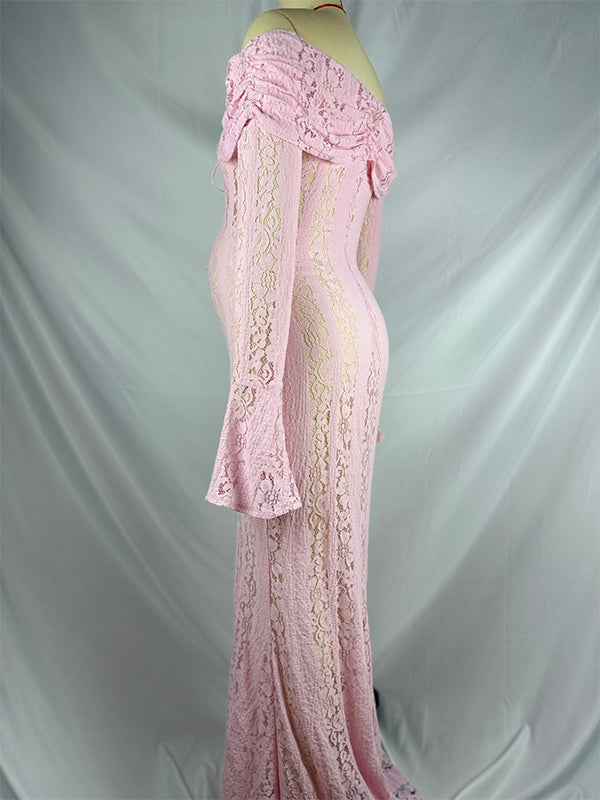 Pink Off Shoulder Lace Mermaid Photoshoot Maternity Maxi Dress