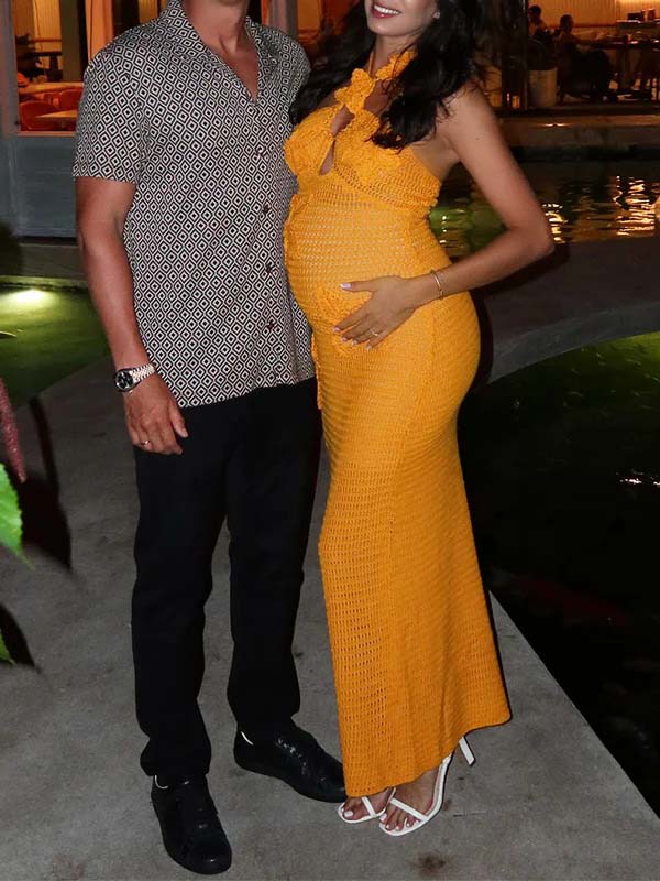 Orange Knit 3D Flowers Backless Vacation Maternity Maxi Dress