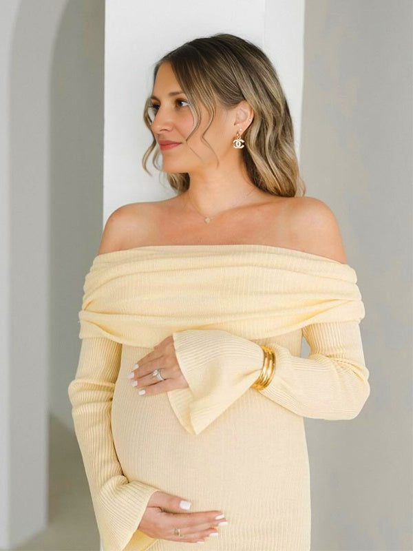 fotobeyou Yellow Knit Off Shoulder Flare Sleeve Mermaid Bodycon Elegant Vacation Photoshoot Baby Shower Maternity Maxi Dress