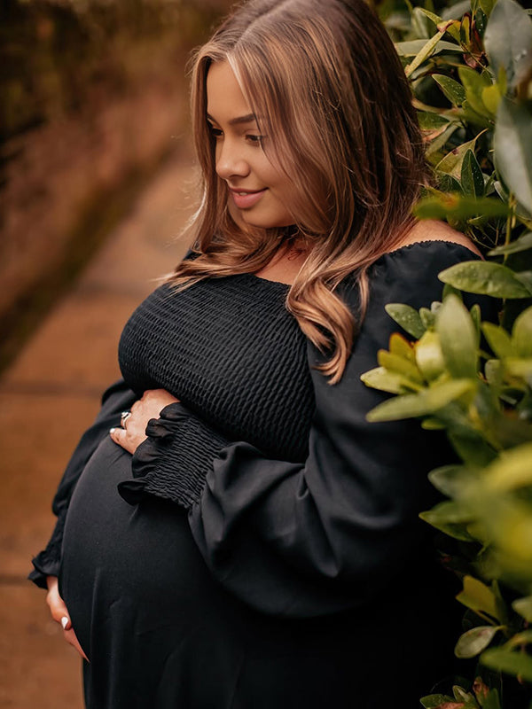 Black Smocked Falbala High Waisted Maternity Photoshoot Maxi Dress