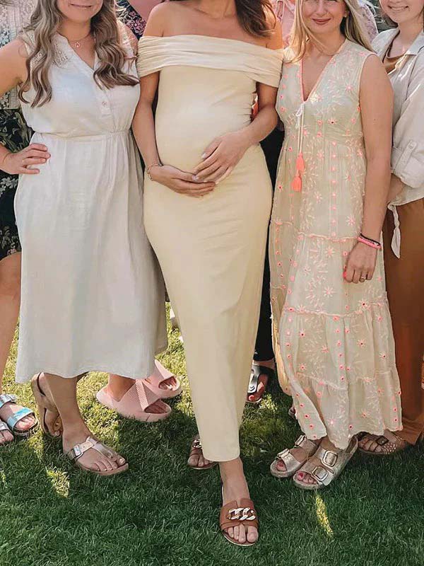 fotobeyou Beige Off Shoulder Ruched Back Slit Bodycon Elegant Baby Shower Maternity Maxi Dress