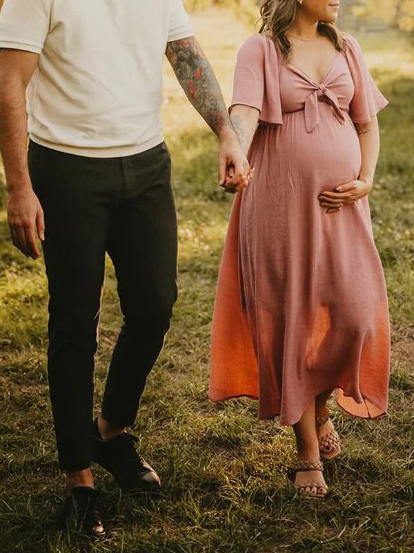 fotobeyou Bow Flutter Sleeve Solid V-neck Flowy Vacation Beach Cute Baby Shower Photoshoot Maternity Maxi Dress