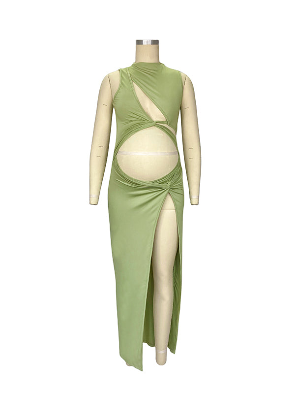 fotobeyou Olive Cut Out Irregular Split Ruffle Side Slit Bodycon Chic Photoshoot Maternity Maxi Dress