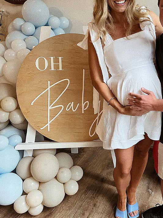 fotobeyou White Tie Bow Sleeveless Smocked Backless A-line Flowy Gender Reveal Baby Shower Maternity Mini Dress