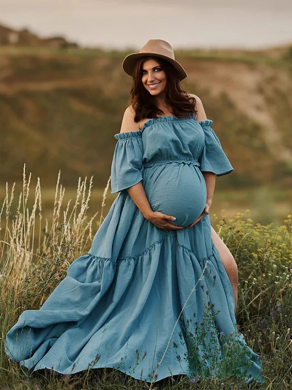 fotobeyou Boho Solid Color Off Shoulder Backless Linen Cotton Ruffle 2-in-1 Crop Cap Sleeve Side Slit Photoshoot Maternity Maxi Dress