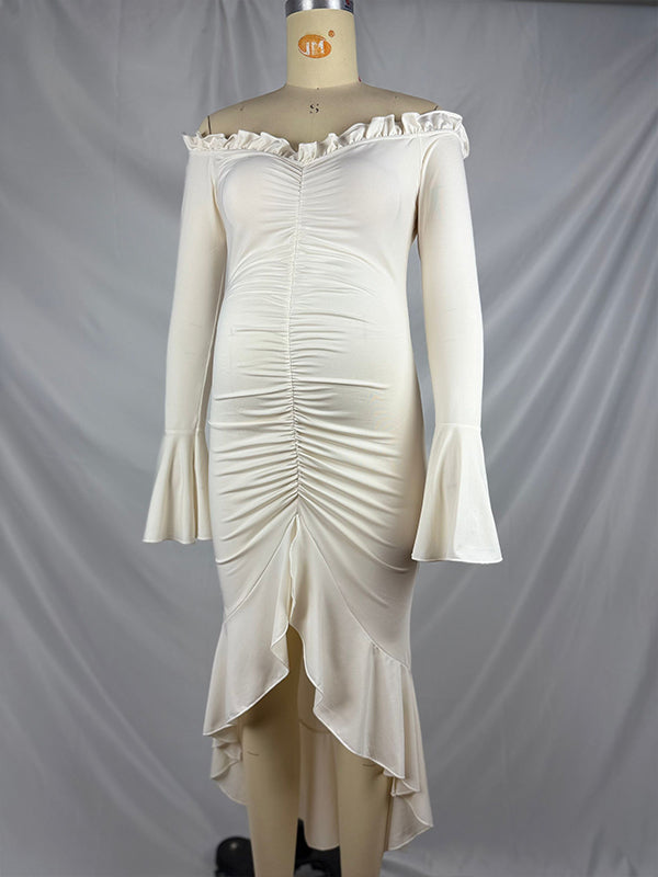 fotobeyou Beige Off Shoulder Ruffle Falbala Ruched Slit Mermaid Elegant Maternity Baby Shower Maxi Dress