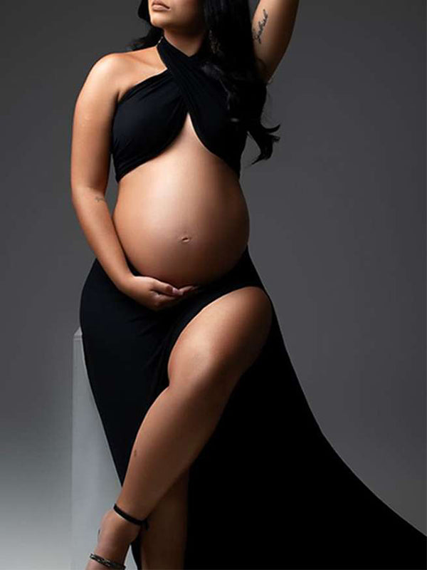 fotobeyou Black Cut Out Crop Thigh High Side Slits Ruched Knot Halter Neck Fashion Photoshoot Maternity Maxi Dress