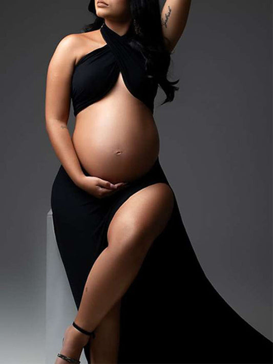 fotobeyou Black Cut Out Crop Thigh High Side Slits Ruched Knot Halter Neck Fashion Photoshoot Maternity Maxi Dress