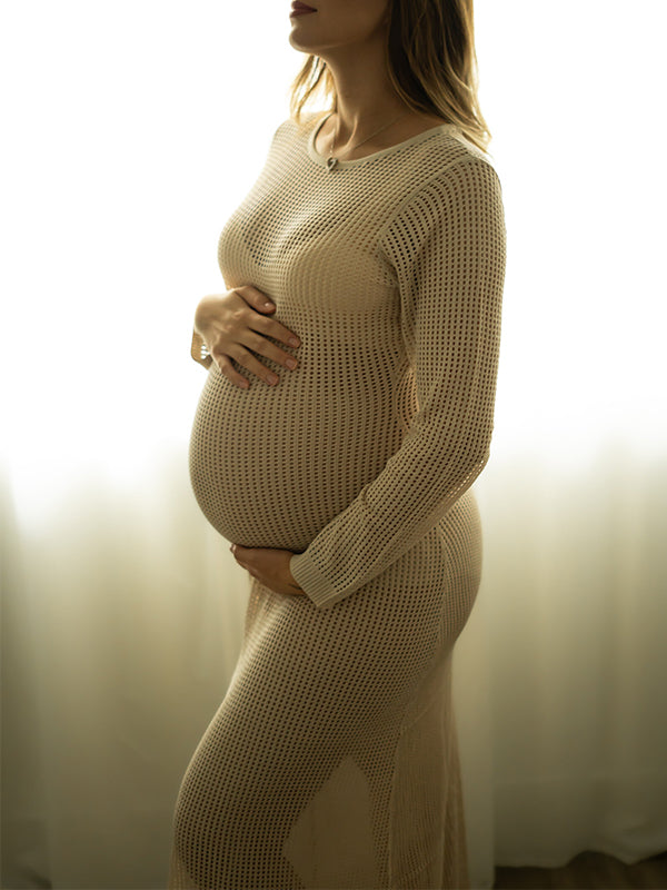 fotobeyou Beige Back Tie Knit Cut Out Flare Sleeve Elegant Photoshoot Baby Shower Maternity Maxi Dress