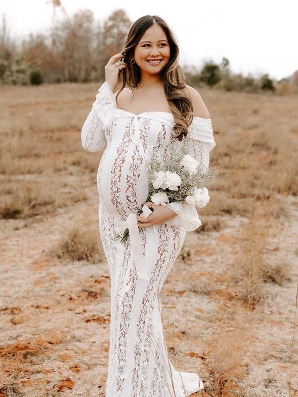 fotobeyou White Off Shoulder Lace Bandeau Tie Front Mermaid Bandage Going Out Photoshoot Maternity Maxi Dress