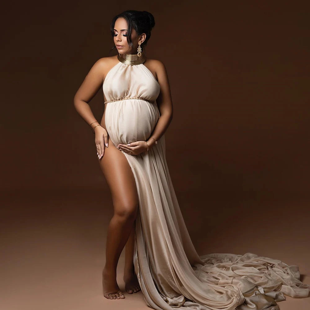 Maternity Elegant White Long Gold Color Leather African Dress