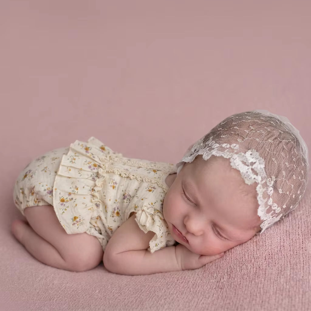 Floral Muslin Newborn Romper - Lace Trim Photography Outfit for Baby Girls