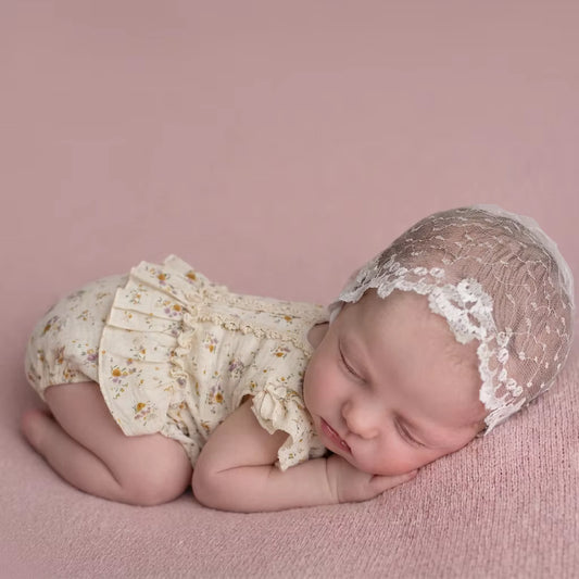 Cream Floral Muslin Newborn Romper with Lace Trim