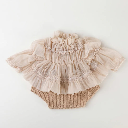 Pleated Chiffon Newborn Photography Set - Smocked Top & Knit Outfit