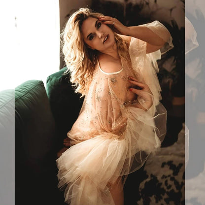 Maternity Goddess Crown Tulle Bronzing Dress Shooting
