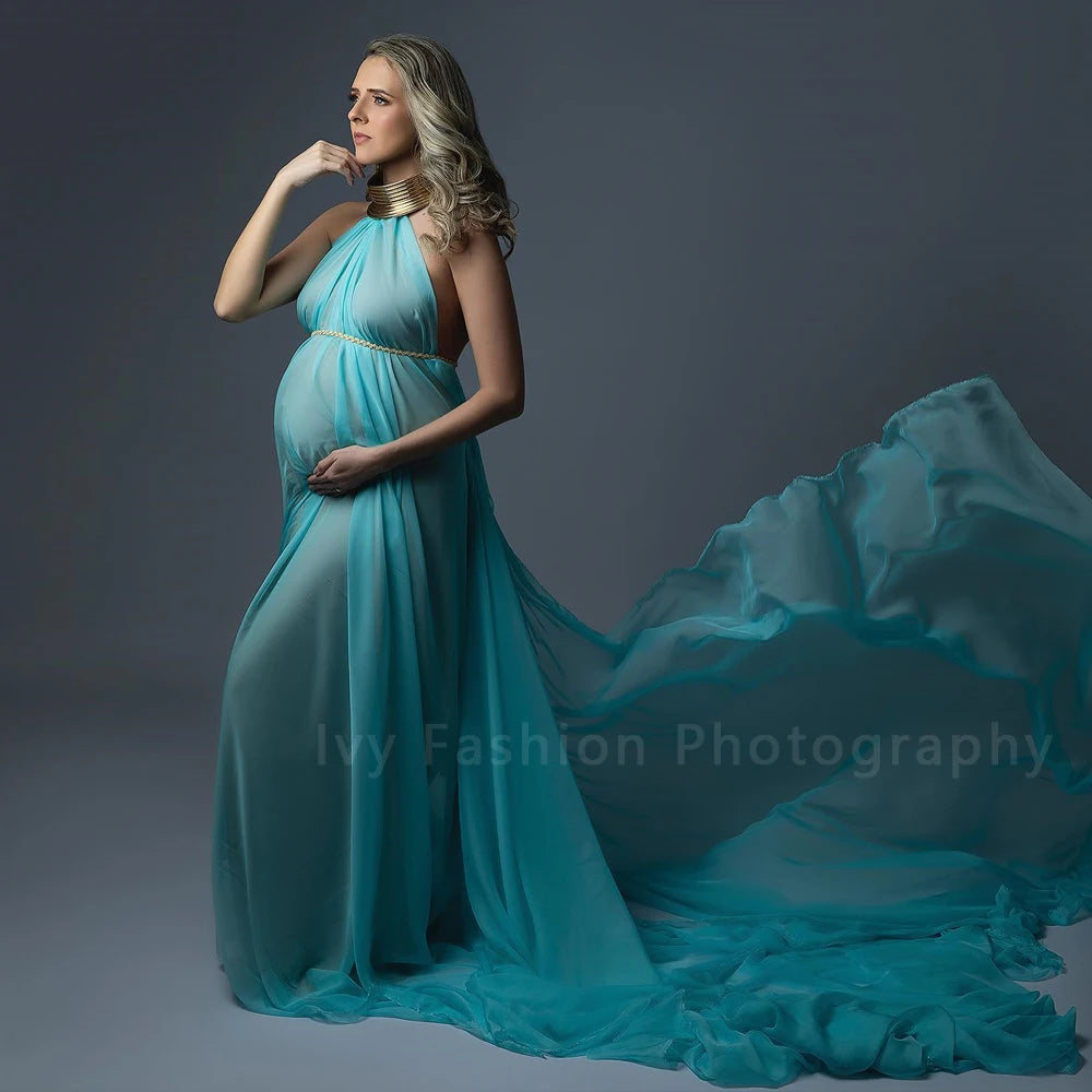 Maternity Elegant Long Gold Color Leather African Posing Gown