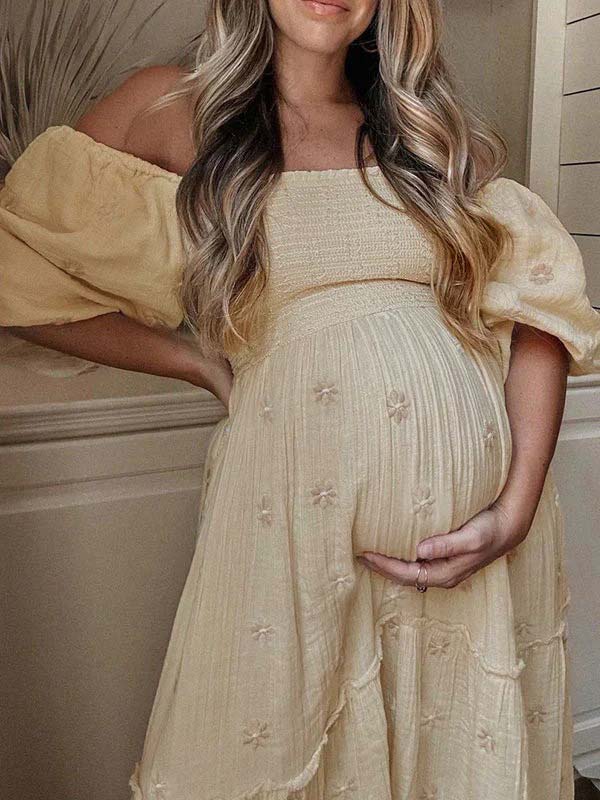 fotobeyou Apricot Daisy Off Shoulder Ruffle Boho Maternity Photoshoot Maxi Dress