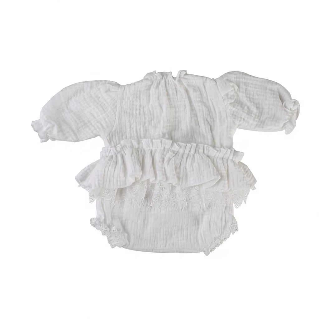 White Pleated Cotton Muslin Romper - Soft Organic-Look Newborn Photo Outfit