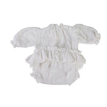 White Pleated Cotton Muslin Newborn Romper