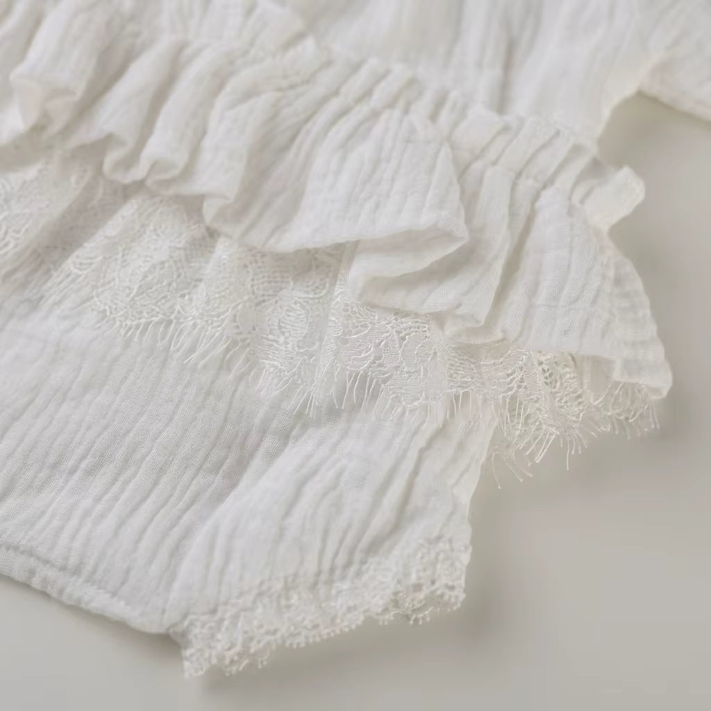 White Pleated Cotton Muslin Romper - Soft Organic-Look Newborn Photo Outfit