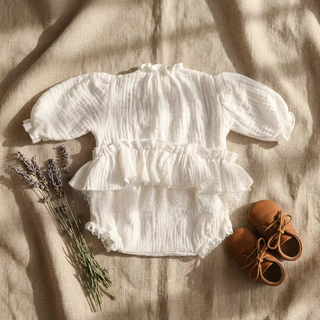 White Pleated Cotton Muslin Romper - Soft Organic-Look Newborn Photo Outfit
