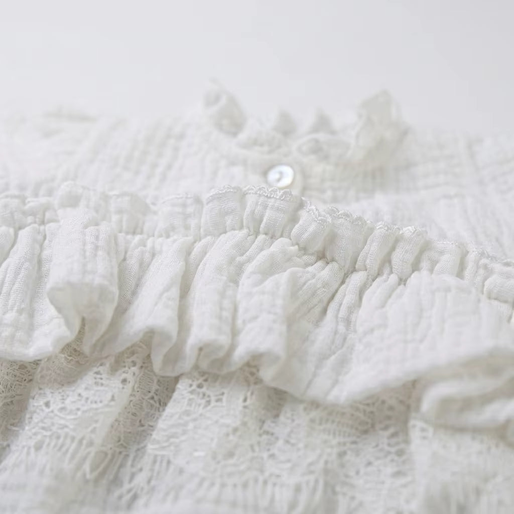 White Pleated Cotton Muslin Romper - Soft Organic-Look Newborn Photo Outfit