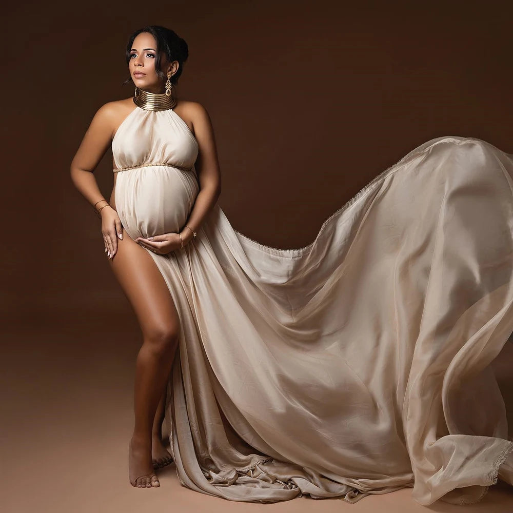 Maternity Elegant White Long Gold Color Leather African Dress