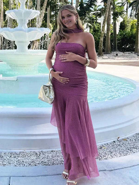 fotobeyou Pink Polka Dot Ruched Ruffle Bandeau Scarf Maternity Maxi Dress